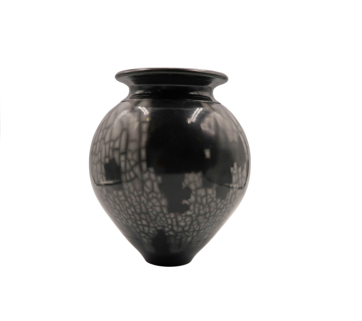 Black ceramic vase with white patterns on a white background