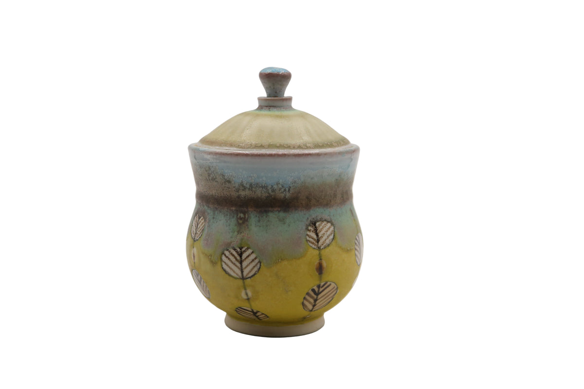 Ceramic jar with a lid on a white background