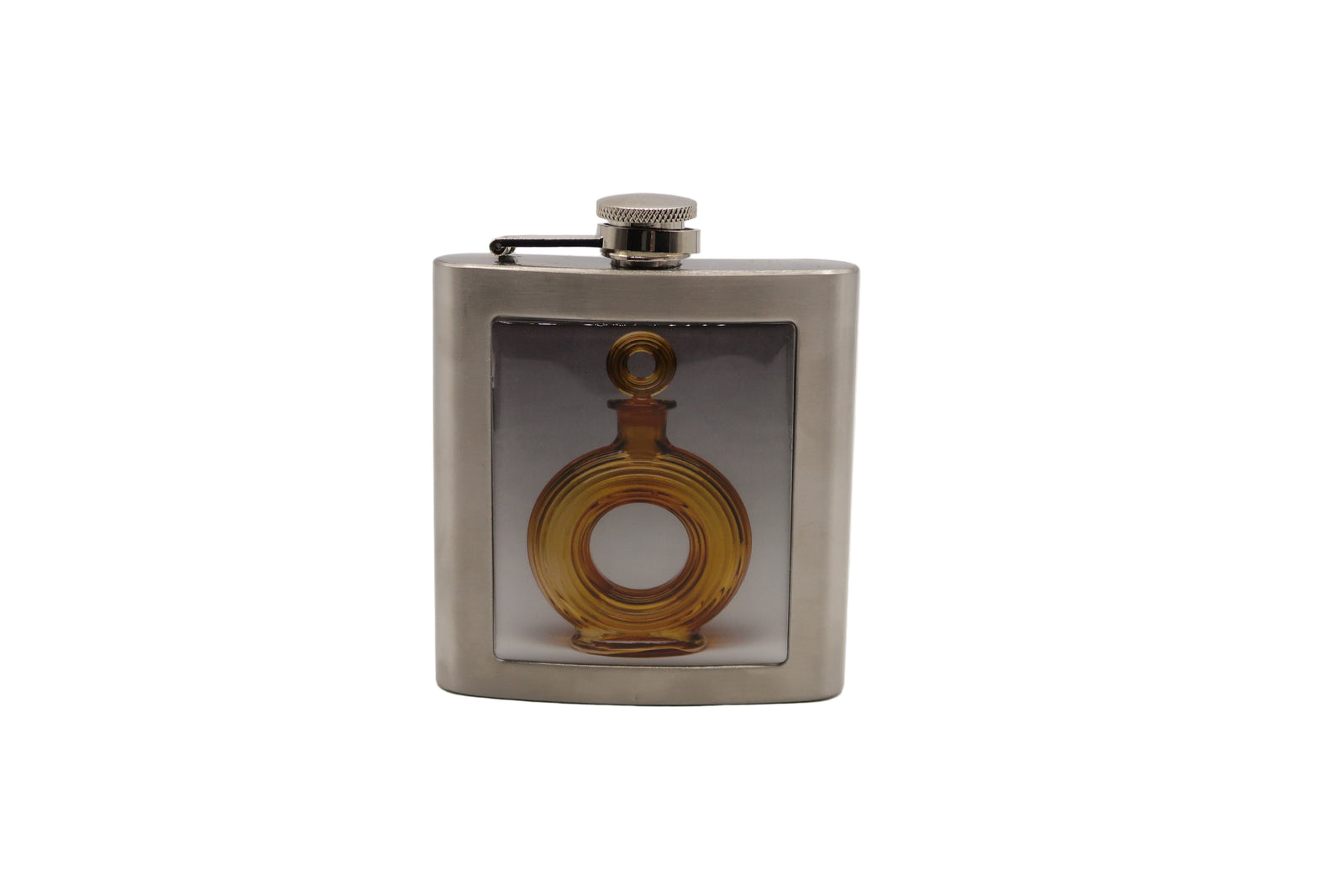 Silver flask with amber-colored bottle inside on a white background