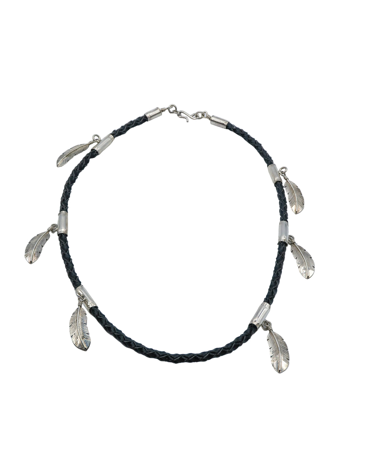 6 Feather Necklace Leather and Silver