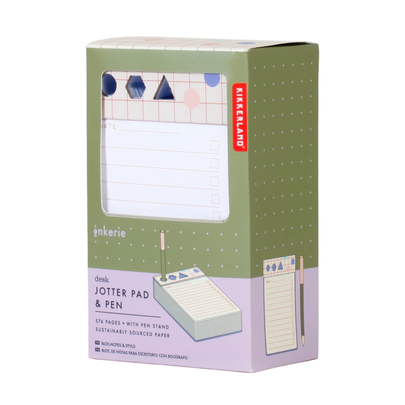 Desk jotter pad and pen set packaging with a green and purple design.