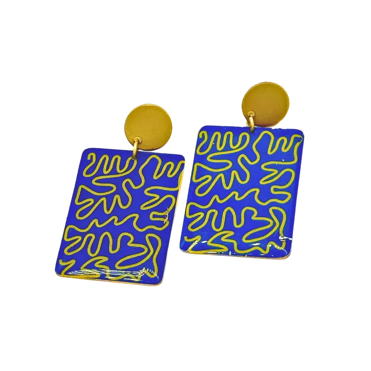 Indigo Maze Earrings Screenprinted Brass