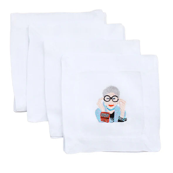 Set of 4 Iris Apfel Linen Embroidered Cocktail Napkins