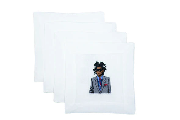 Set of 4 Jean-Michel Basquiat Linen Embroidered Cocktail Napkins