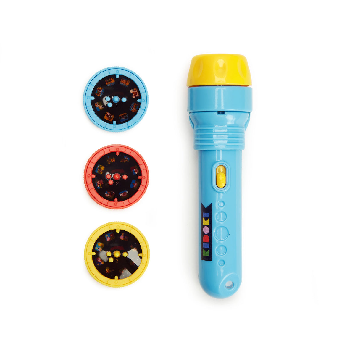 Toy flashlight with colorful lens attachments on a white background