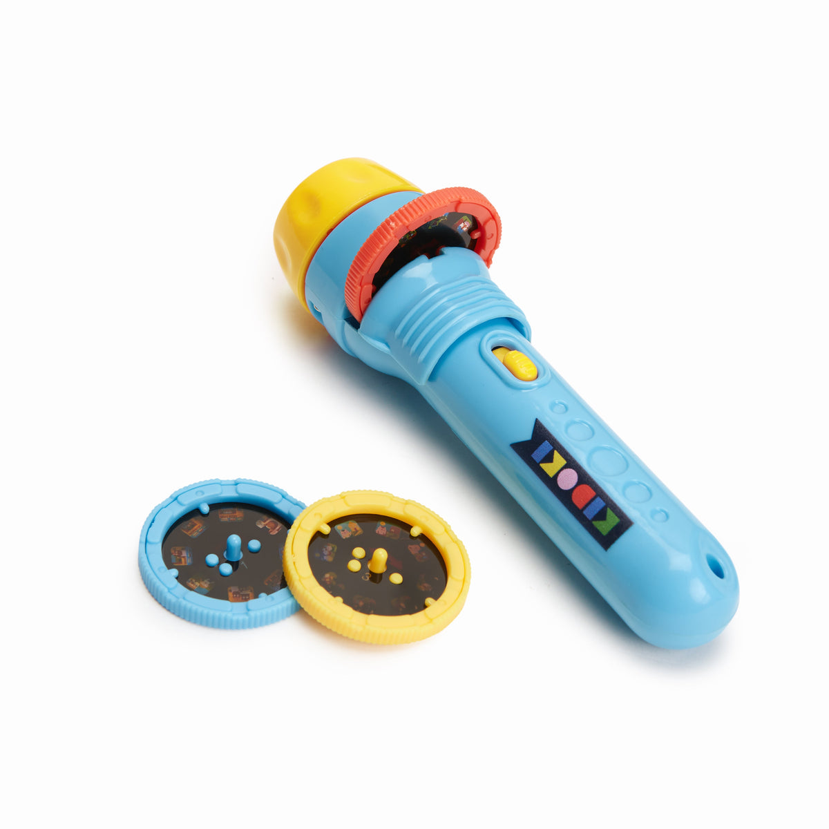 Colorful toy flashight with two circular attachments on a white background