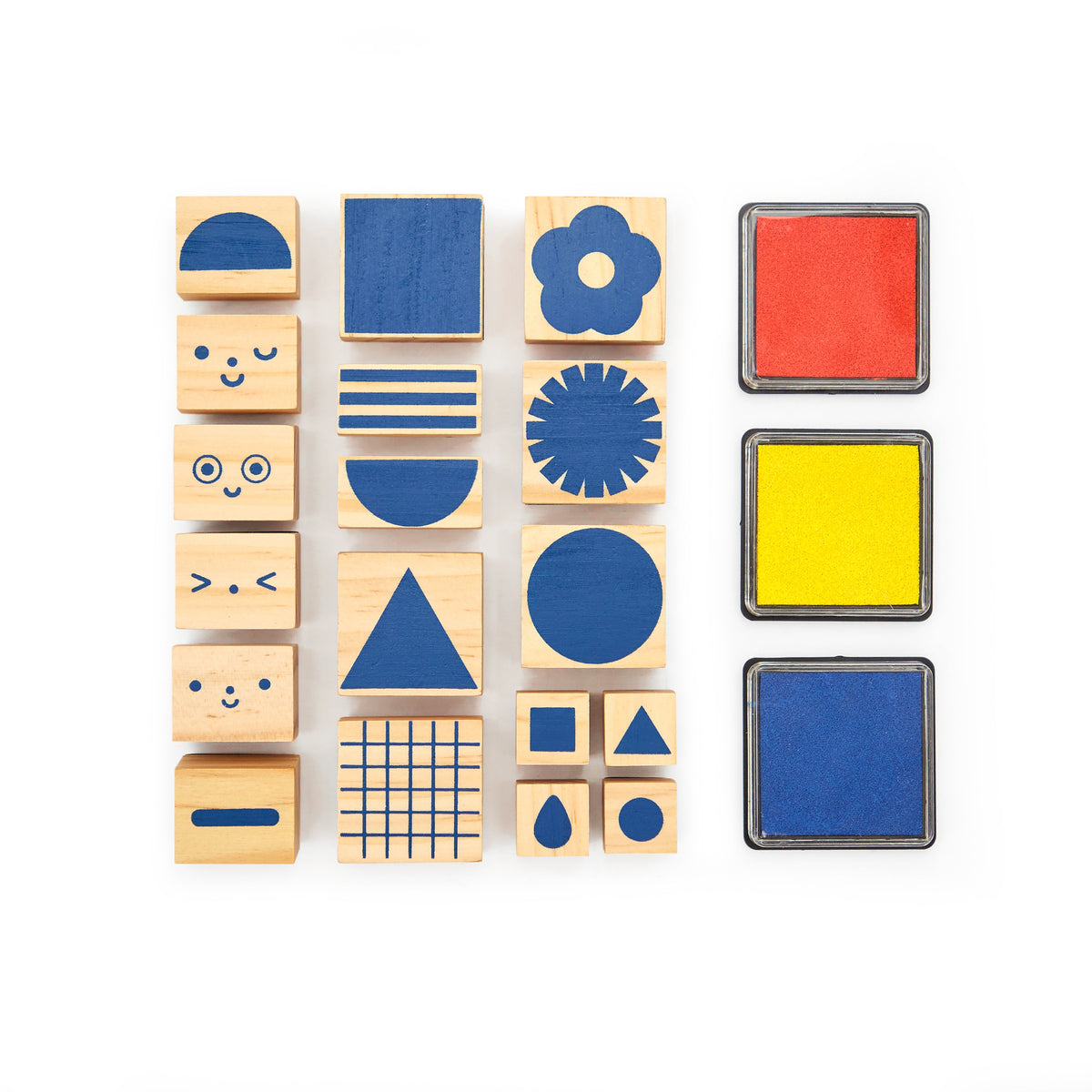 Set of colorful wooden blocks with various shapes and designs on a white background