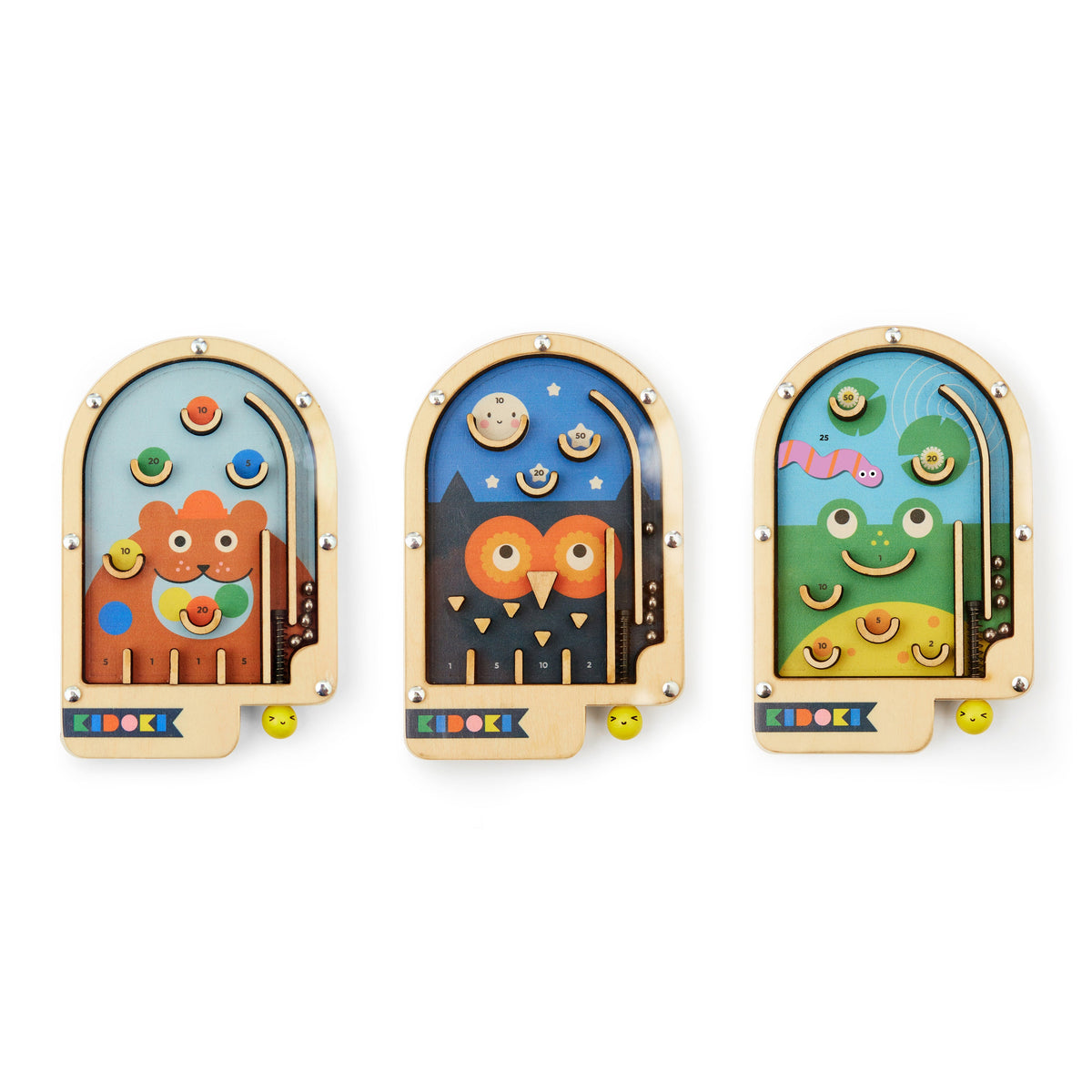 Three colorful wooden toys with animal designs on a white background