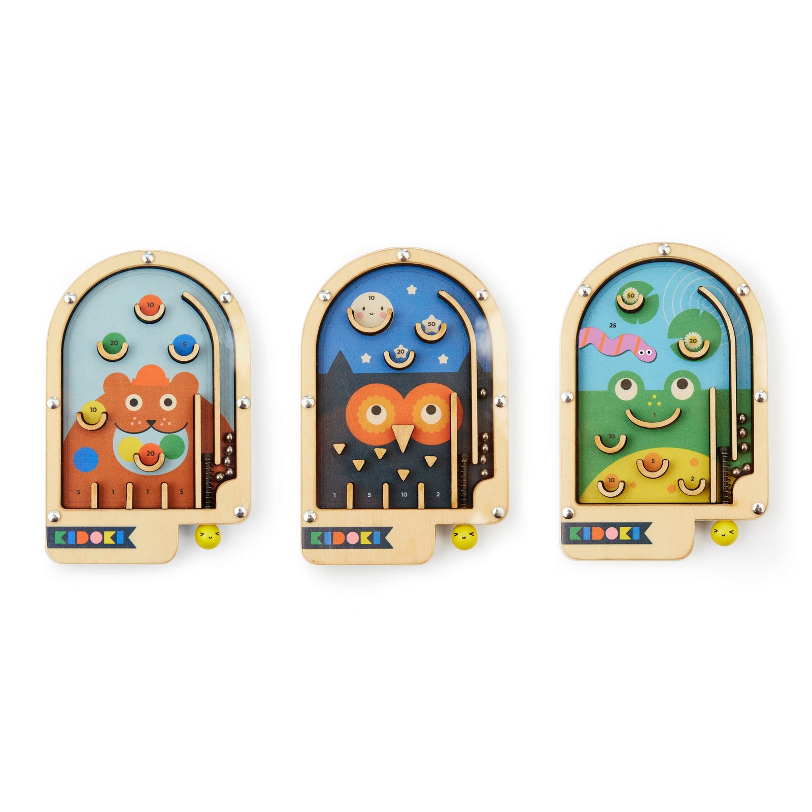 Three colorful wooden toys with animal designs on a white background
