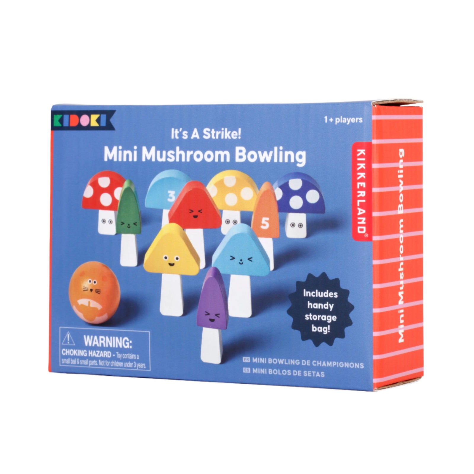 Mini mushroom bowling game packaging with colorful mushrooms on a white background