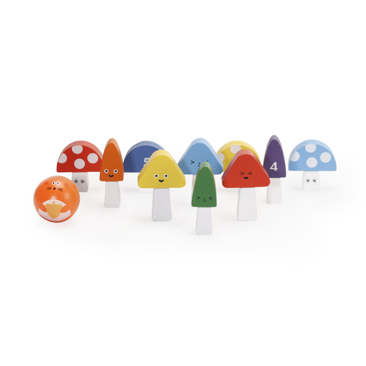Colorful toy mushrooms with different shapes and a small ball on a white background