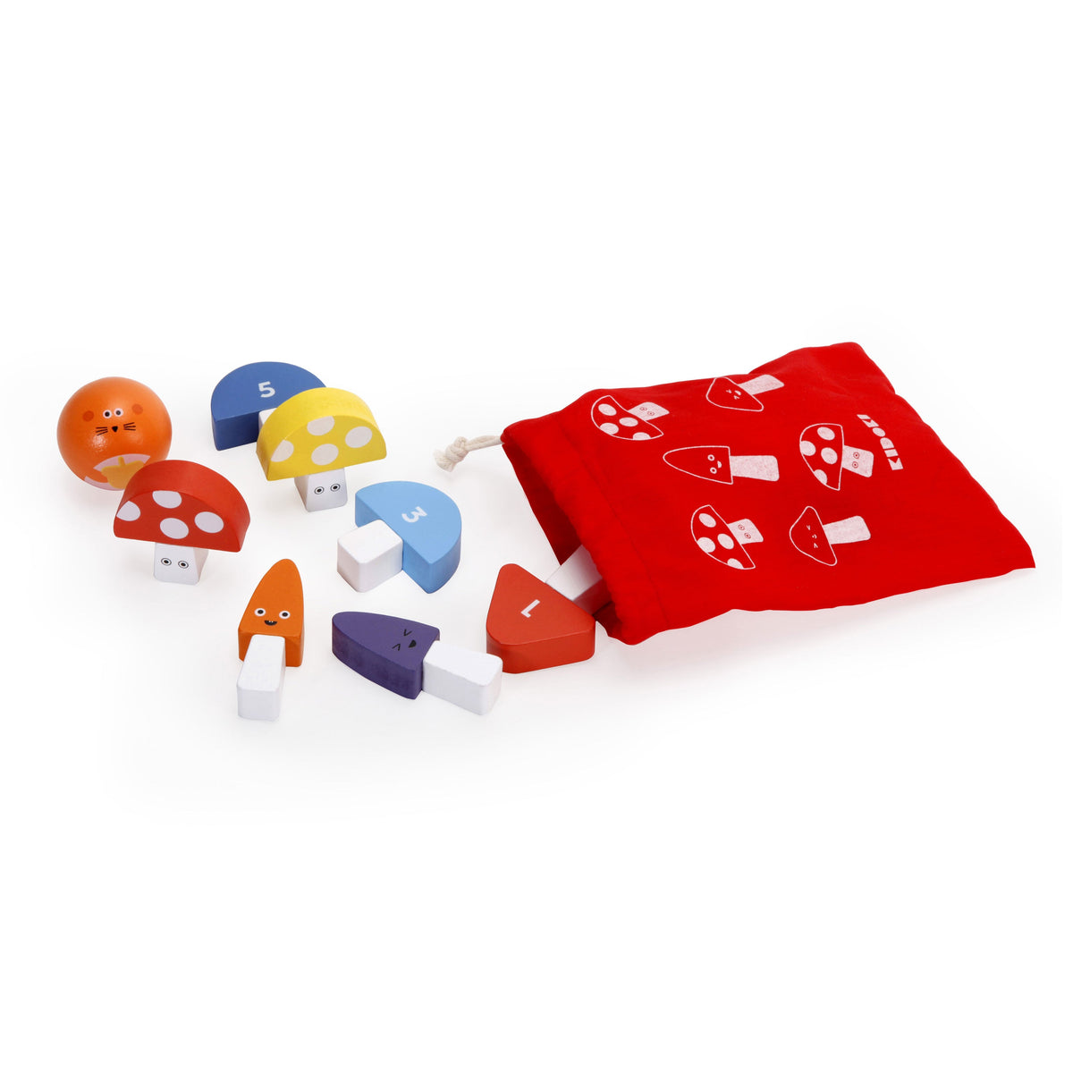 Colorful mushroom shaped toys with a red drawstring bag on a white background