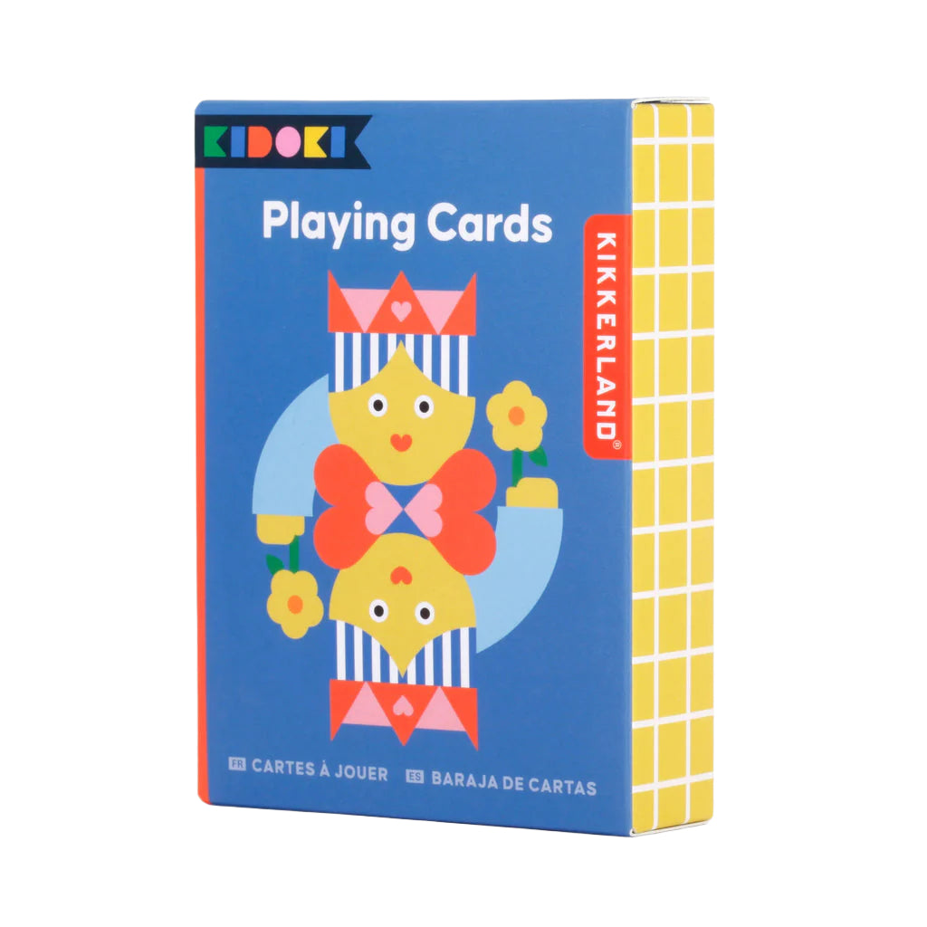 Playing cards box with colorful design and text on a white background