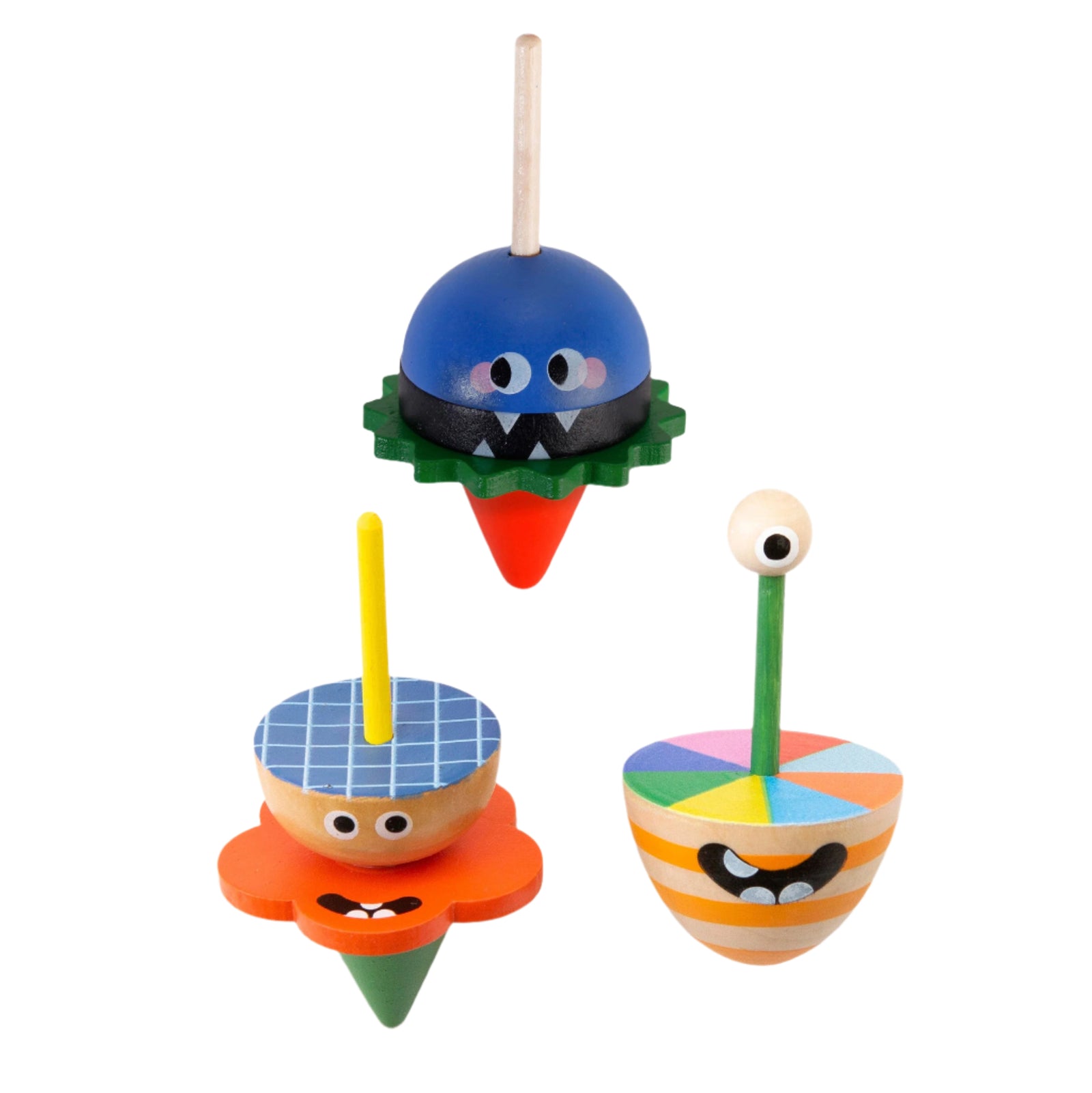 Three colorful wooden spin tops on a white background