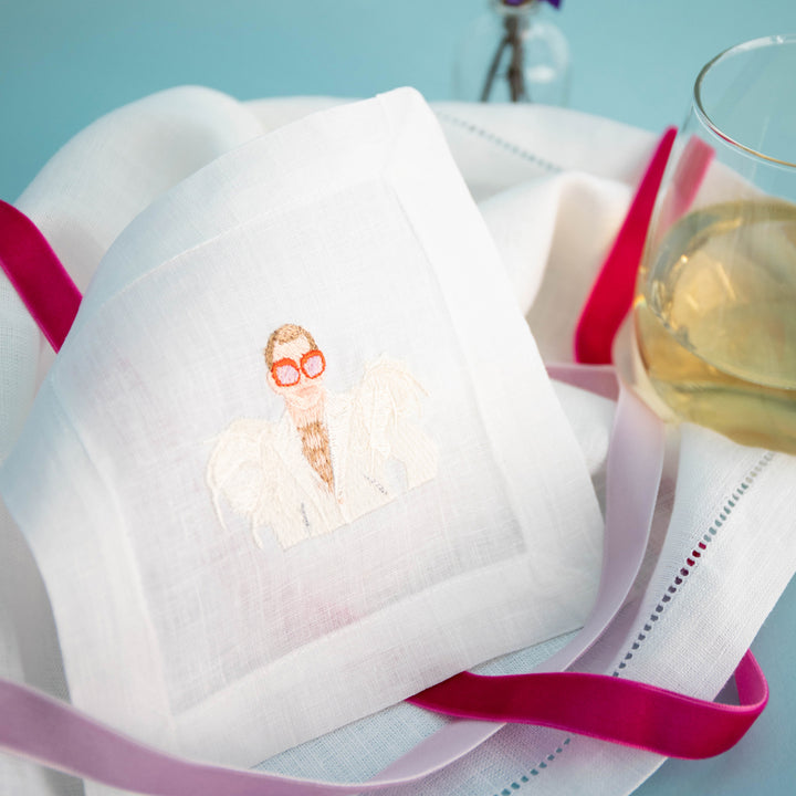 Set of 4 Elton John Linen Embroidered Cocktail Napkins