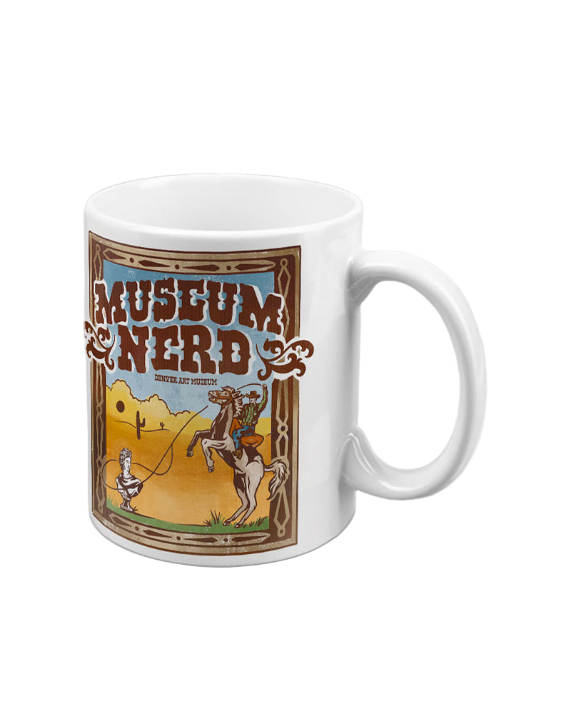 White mug with 'Museum Nerd' design featuring a cowboy on a horse.