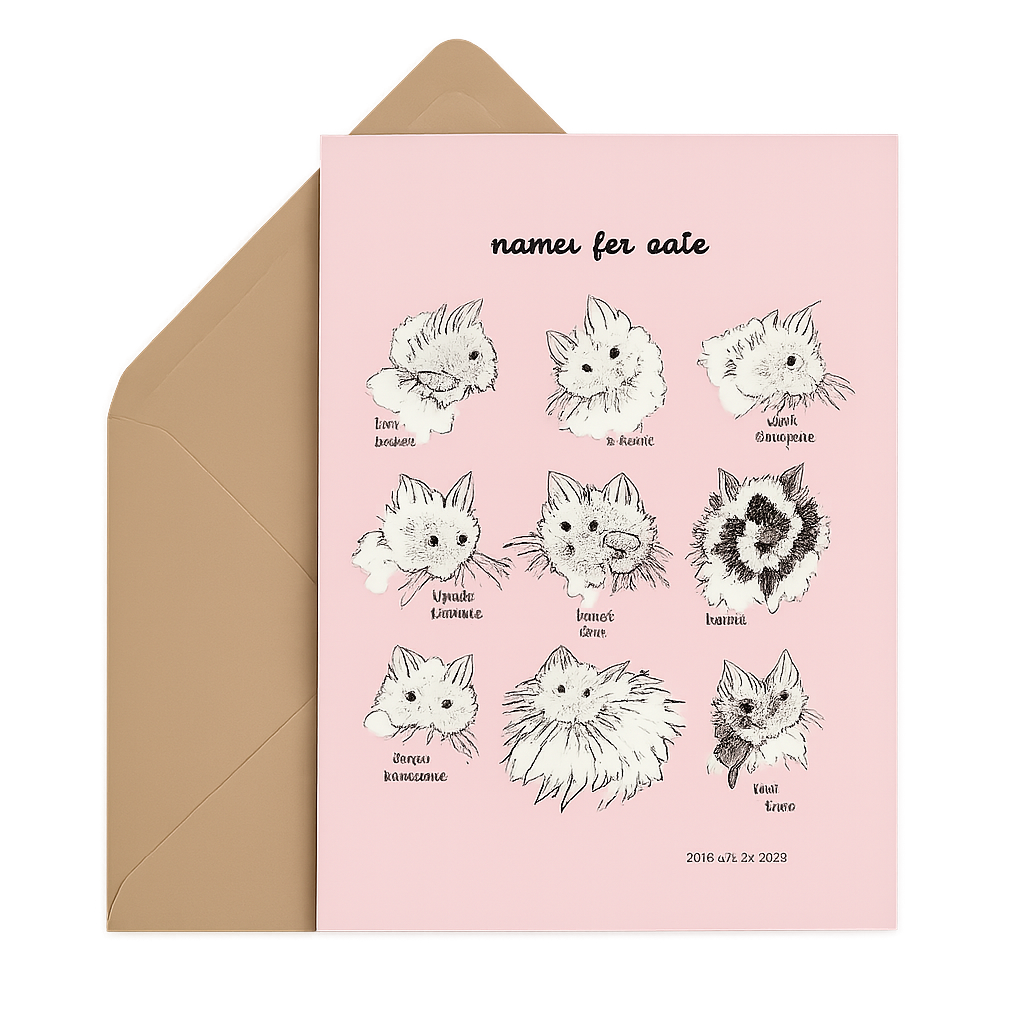 Card with illustrations of cats and cat names on a pink background with a brown envelope.