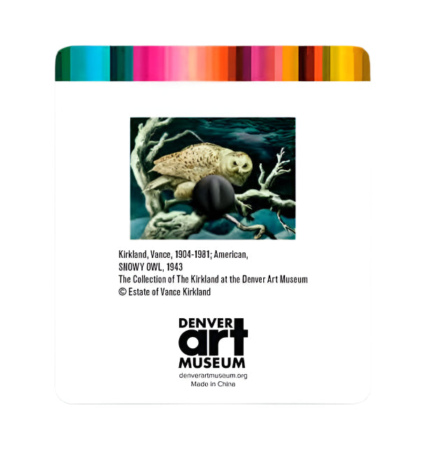 Card with owl illustration and Denver Art Museum branding on a gray background