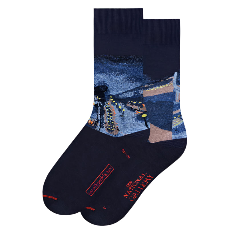 Navy blue socks with a colorful abstract design on a white background