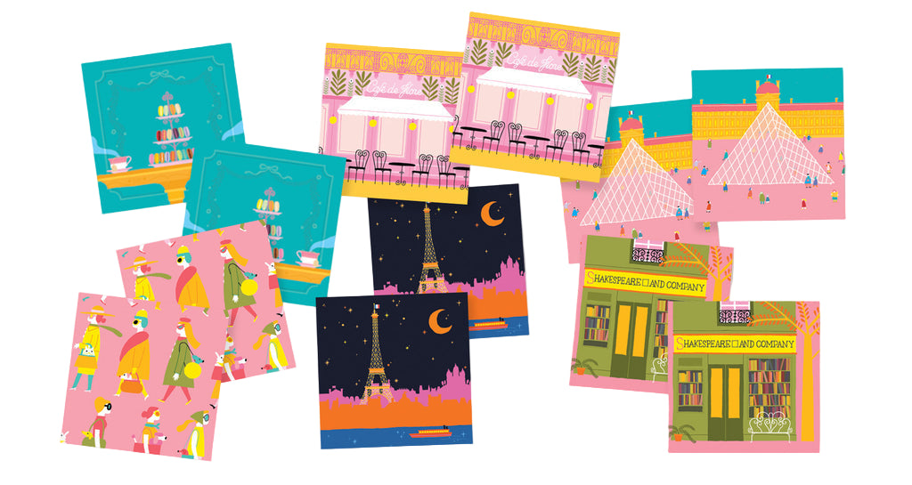 Collection of colorful cards with various designs on a white background