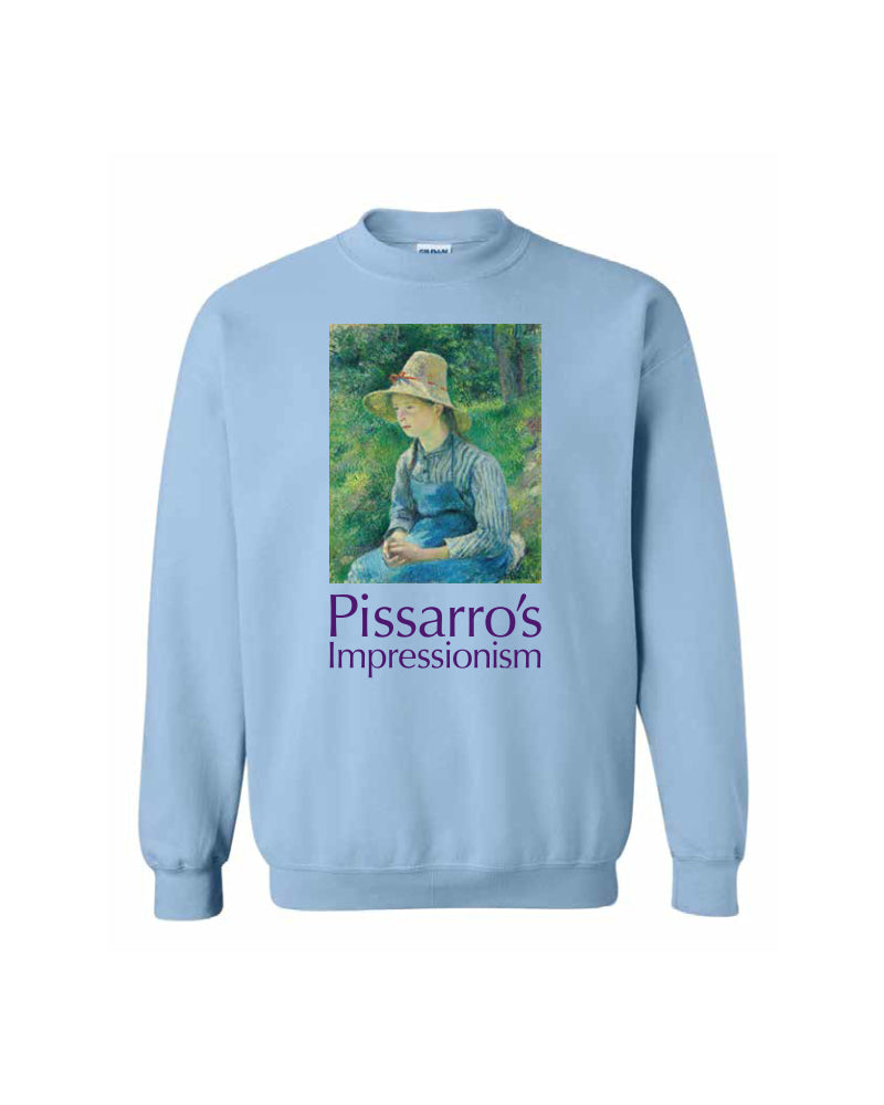 Light blue sweatshirt with a graphic of a woman in a hat and text 'Pissarro's Impressionism' on a white background