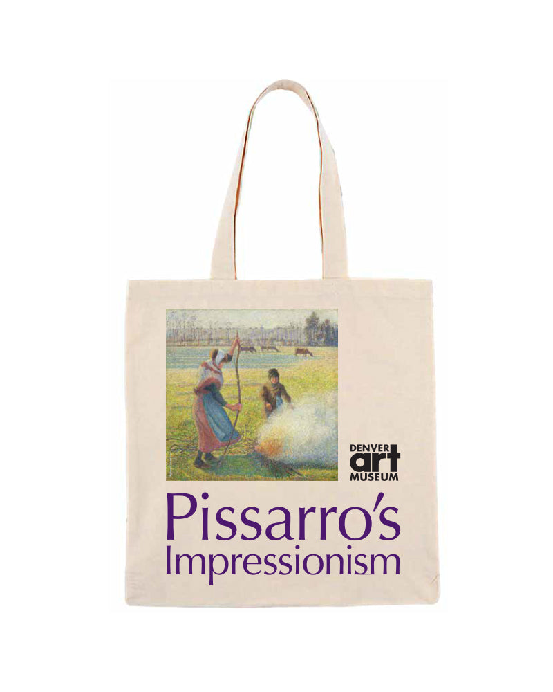 Tote bag with Pissarro's Impressionism design and Denver Art Museum branding on a white background