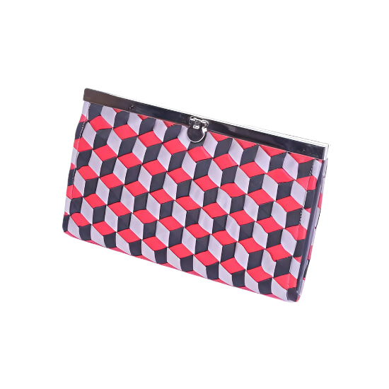 Clutch bag with geometric pattern on a white background