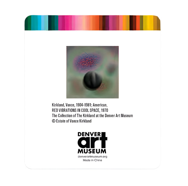 Card with a colorful border and abstract design, featuring text about the Denver Art Museum.