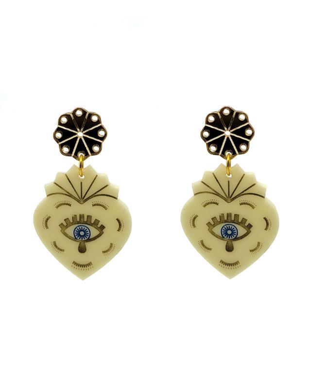 A pair of ivory acrylic earrings designed with a heart shape and an evil eye motif in the center, featuring gold-colored accents.