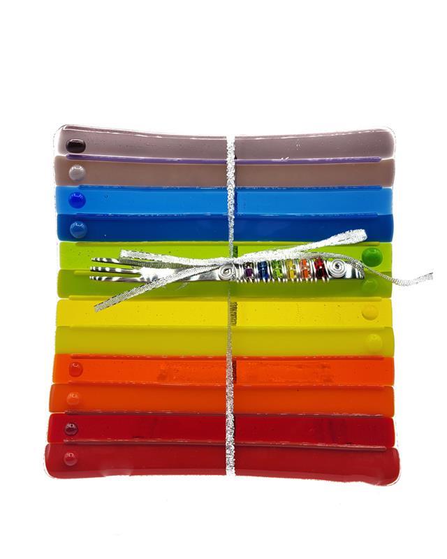 square rainbow pattern fused glass dish  