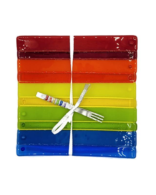 square rainbow pattern fused glass dish