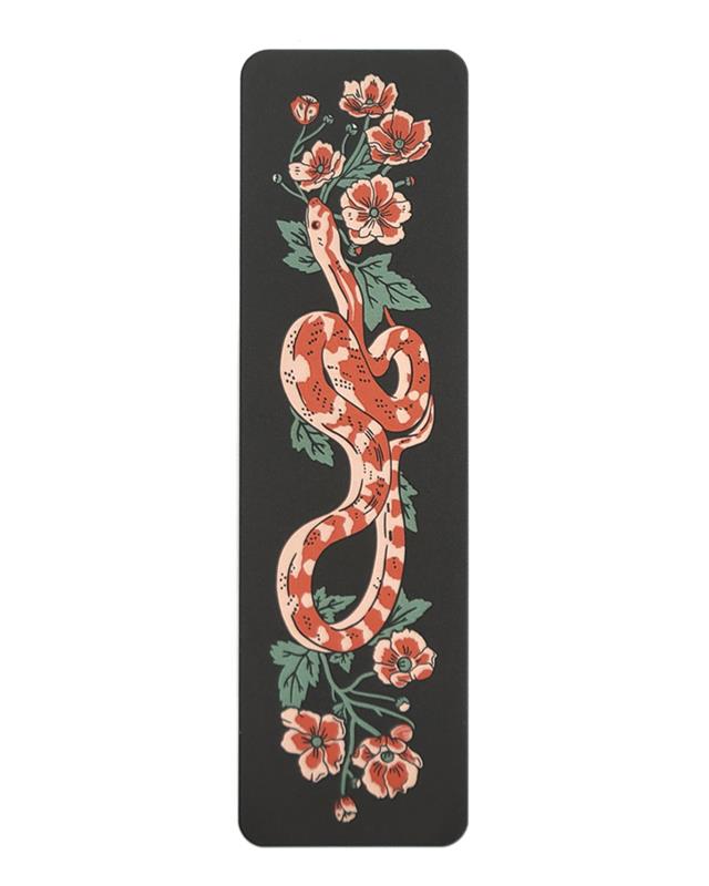 A bookmark featuring a red and white serpent surrounded by floral print on a black background.