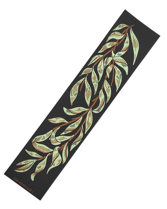 A rectangular bumper sticker with a leafy willow bough design in green and brown on a black background.