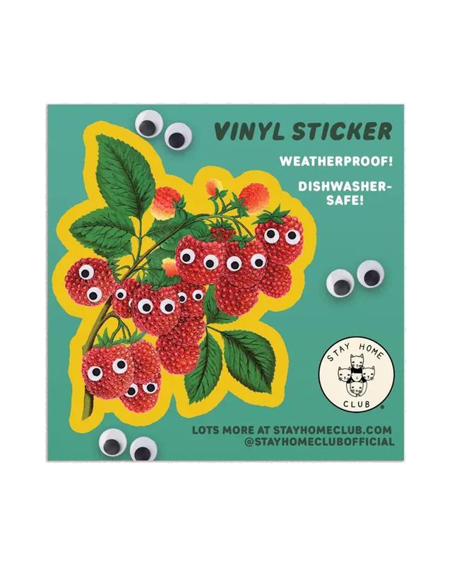 A vinyl sticker featuring a design with raspberries personified with eyes, leaves, and a title text 'VINYL STICKER' on a blue background.