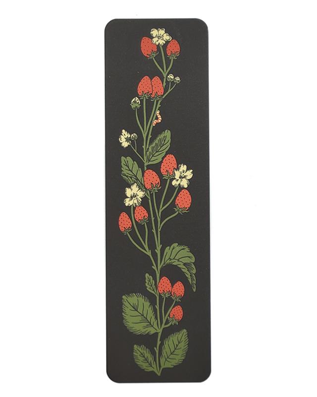 A bookmark featuring a vertical design with a strawberry plant illustration, predominantly red and green against a black background.