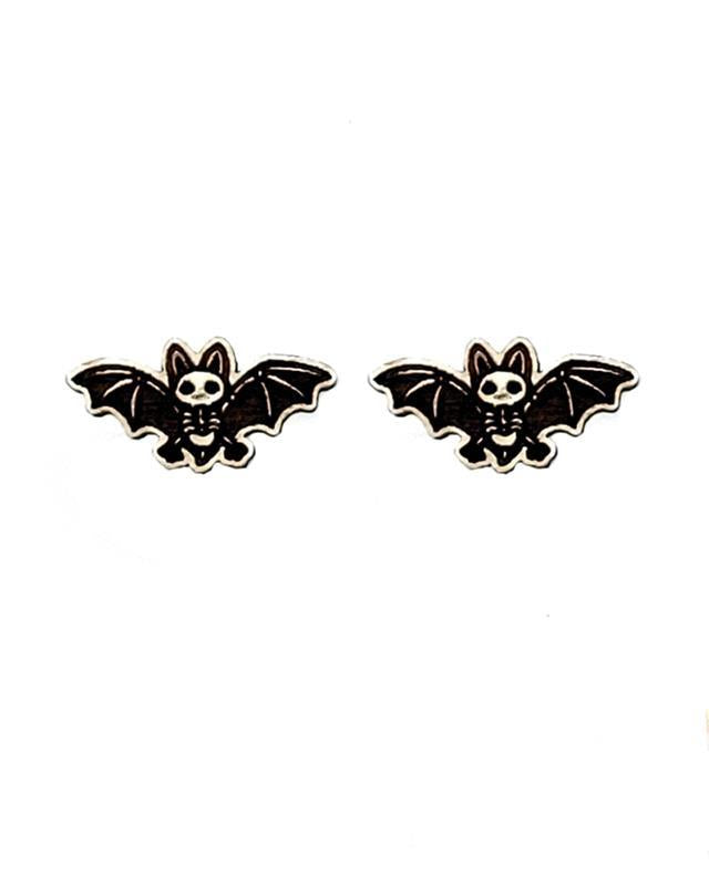 Vampire Bat Skeleton Wooden Stud Earrings