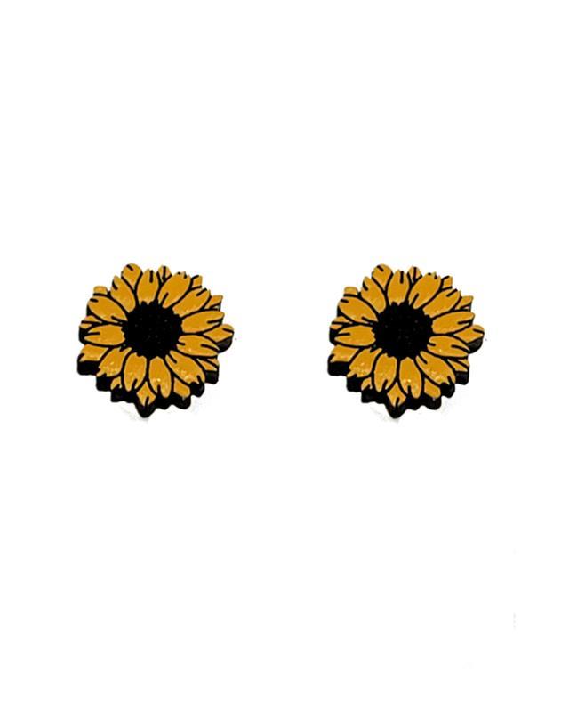 Hand-painted Sunflower Cherry Wood Stud Earrings