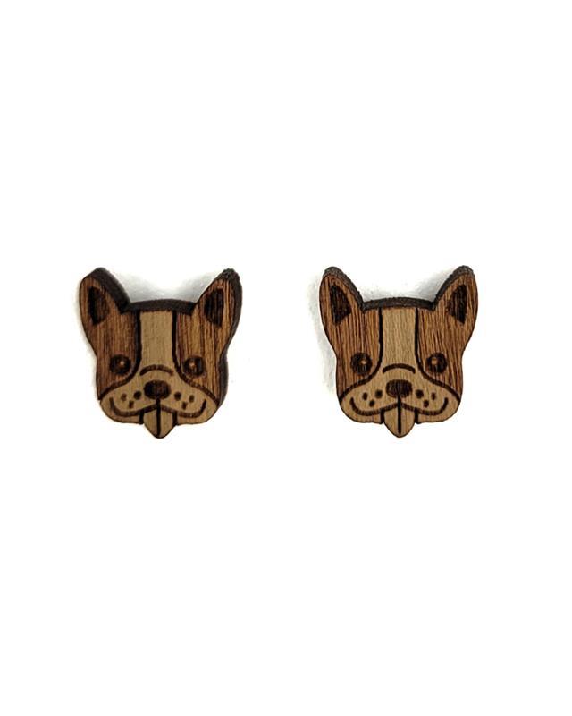 French Bulldog Cherry Wood Stud Earrings
