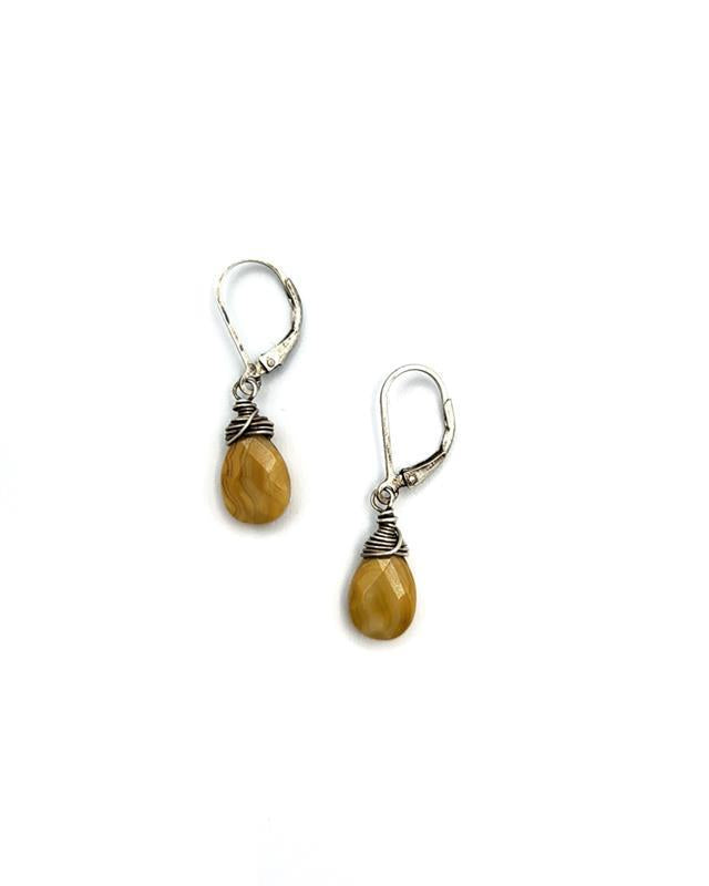 A pair of yellow feather jasper drop earrings with silver wrapping and leverback earwires on a white background.