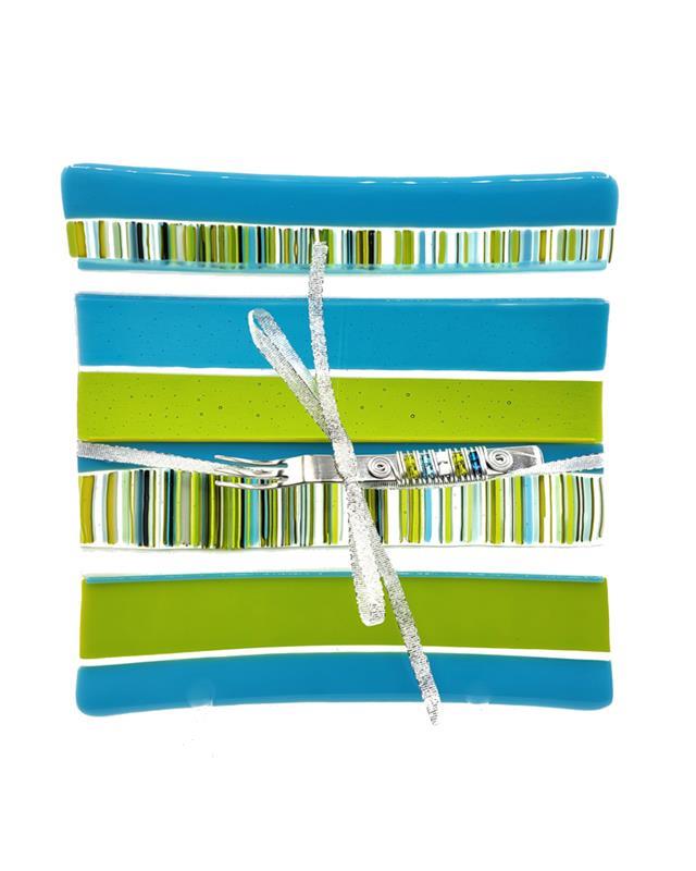 square fused glass dish  in turquoise and green