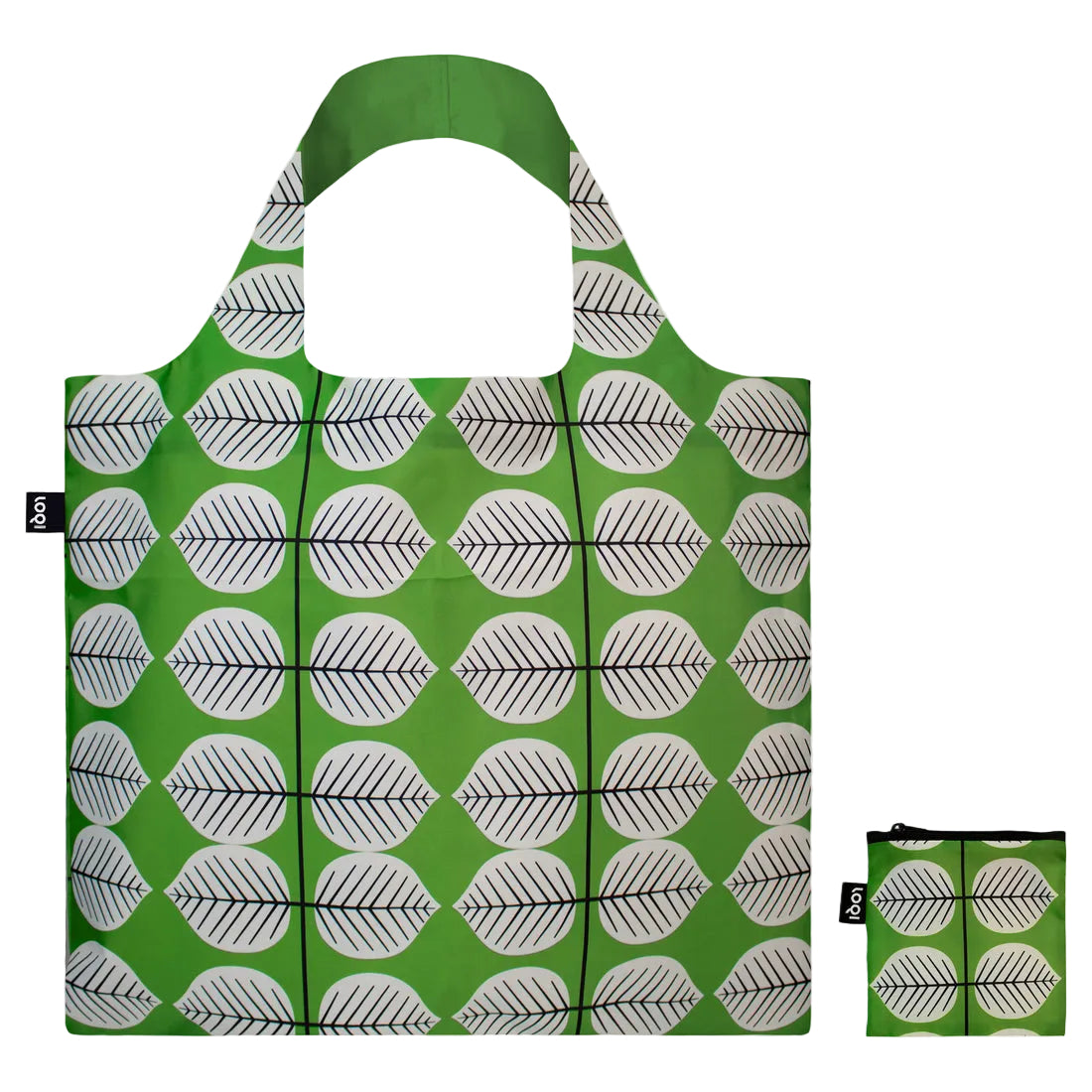 Green reusable shopping bag with leaf pattern on a white background