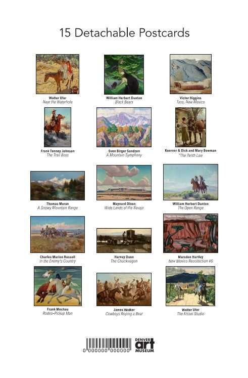 Back cover of a book with 15 detachable postcards featuring various western artworks.