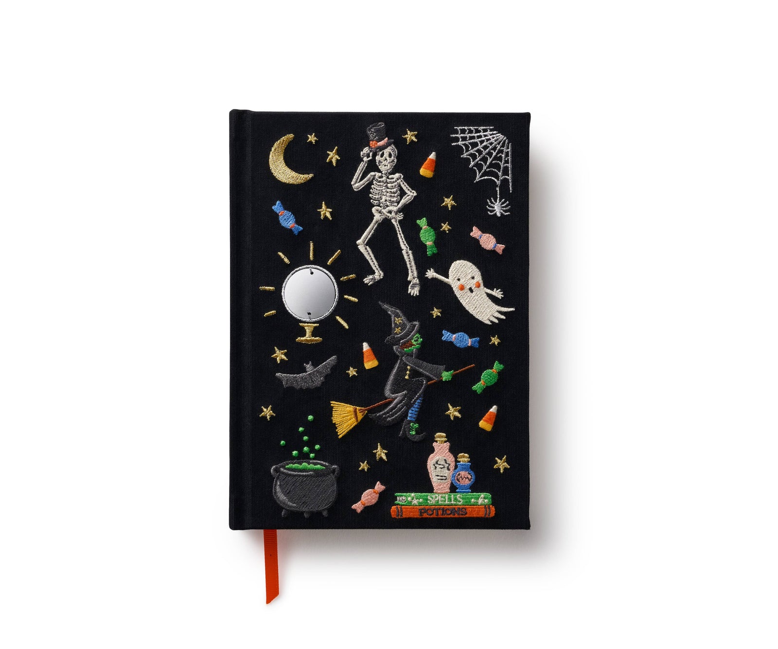 Black notebook with Halloween-themed illustrations on a white background