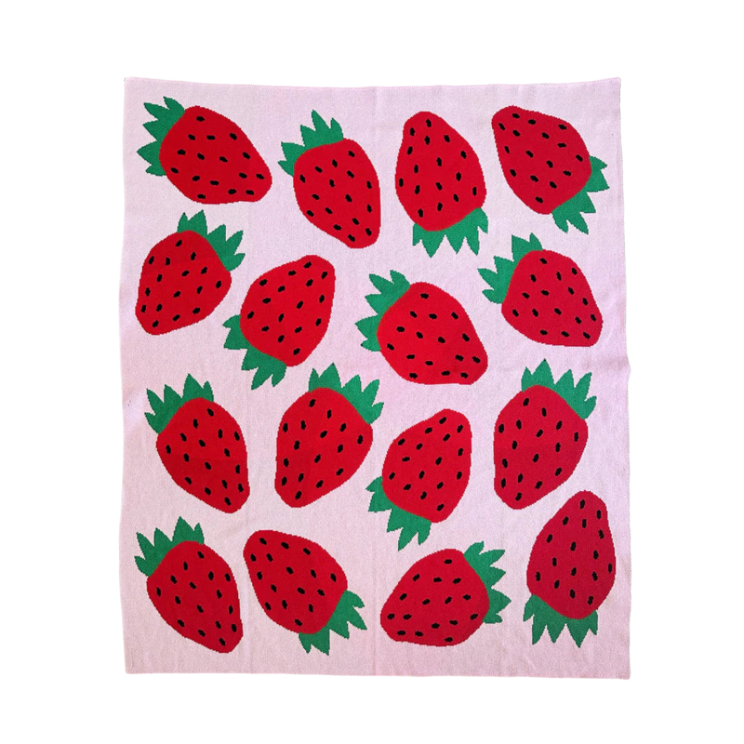Pink fabric with red strawberry pattern