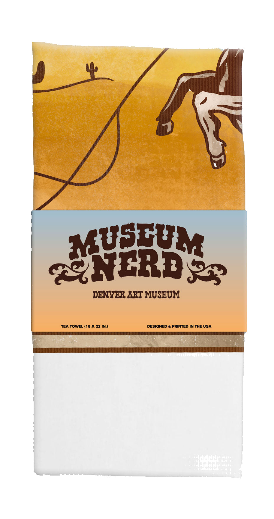 Tea towel with 'Museum Nerd' branding and desert scene design on a gray background