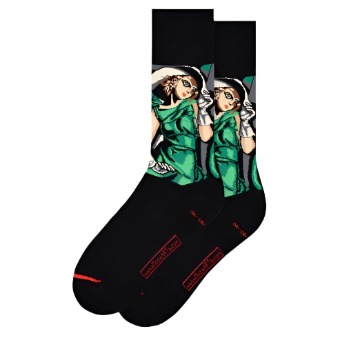 Black socks with lady in a green dress design on a white background