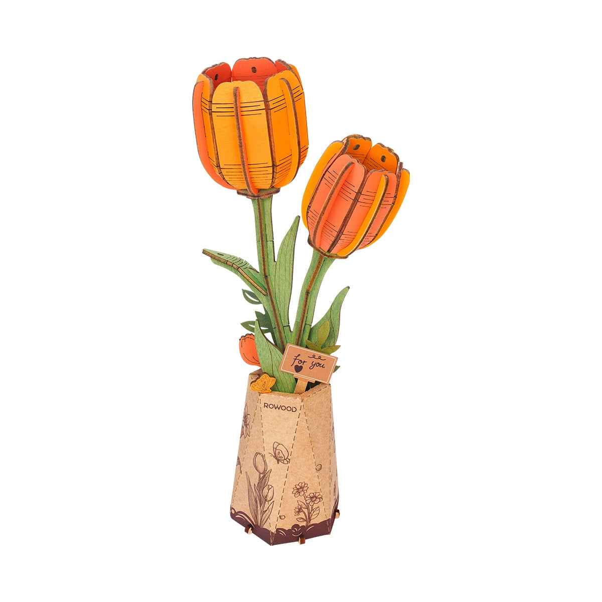 Orange Tulip Rowood DIY Wooden Flower Bouquet 3D