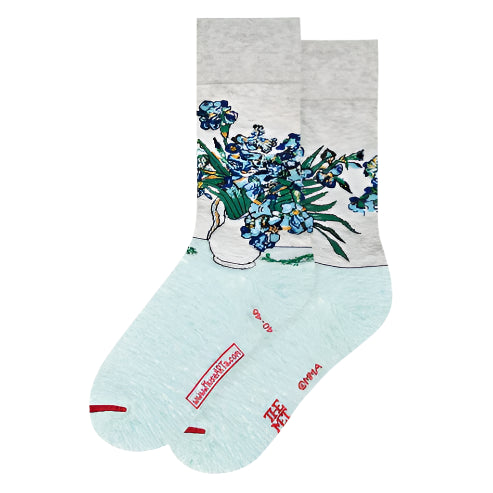 mint green and grey socks with blue iris flowers
