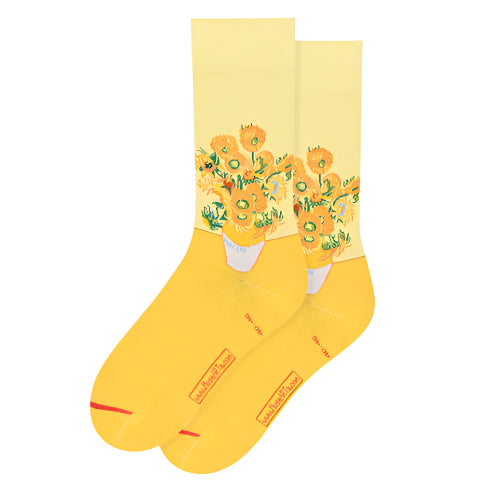 Yellow socks with sunflower design on a white background
