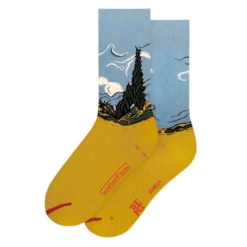 Pair of socks with a landscape design on a white background